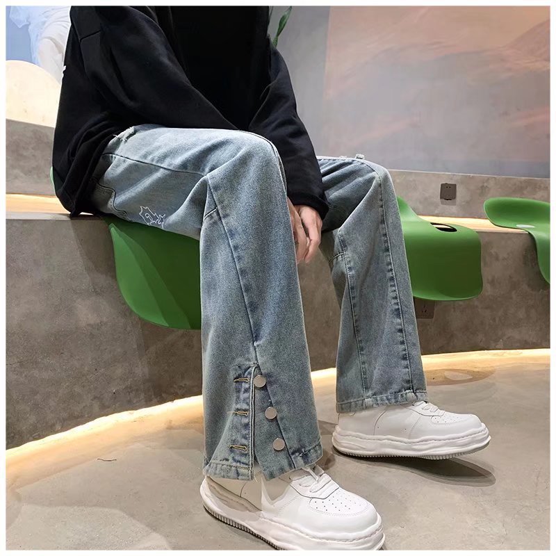 American Letter Embroidered Jeans High Street Fashion Brand Hip Hop Straight-leg Pants