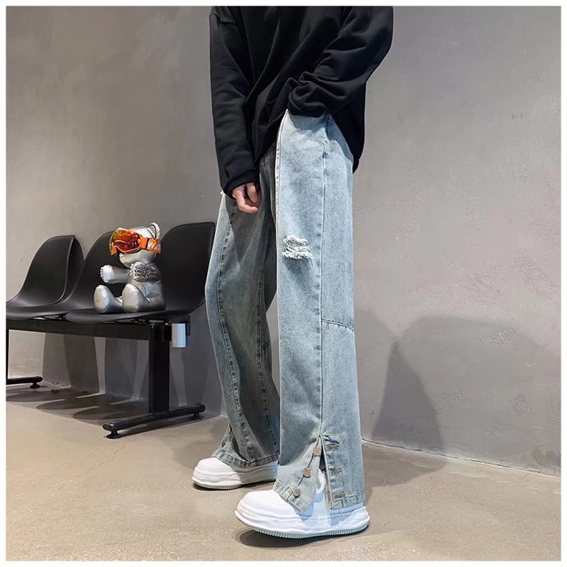 American Letter Embroidered Jeans High Street Fashion Brand Hip Hop Straight-leg Pants