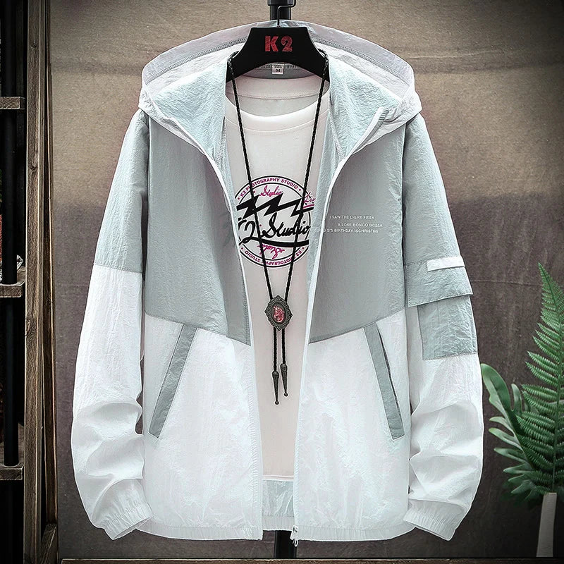 Summer Men's Sun Protection Shirt Thin Quick Drying Hood Windproof Jacket Breathable Letter Print Casual and Versatile Cardigan