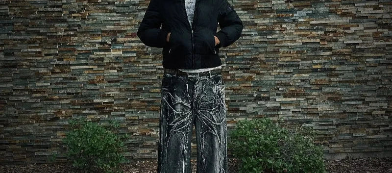 Gothic Retro Oversized Baggy Fit Unisex Mopping Pants Y2K Phantom Jeans High Street Spider Embroidered Patch Hip Hop Streetwear