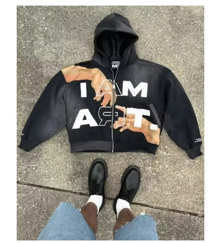 Hip-hop Trendy Streetwear Y2K Harajuku American Retro Letter Print Zipper Hoodie Men's Punk Casual Colorful Oversized Sweatshirt