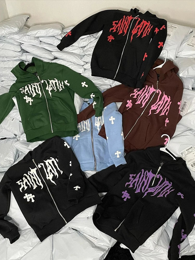 Y2k Men Saint Streetwear Hoodie Zip Up