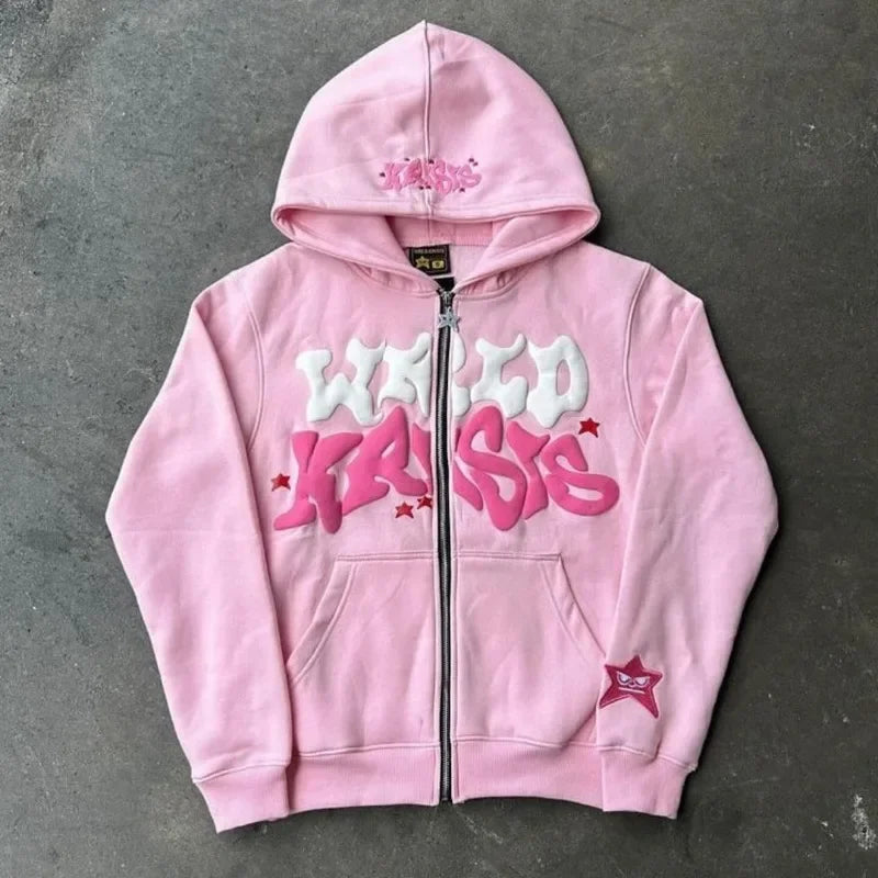 Y2k Street Retro Letter Print Loose Casual Fashion Zipper Hoodie Women Harajuku Hip-hop Versatile Oversized Sweatshirt Men