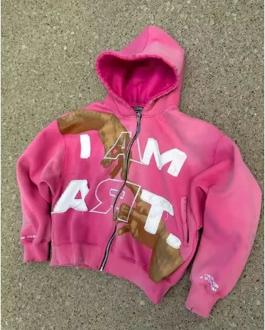Hip-hop Trendy Streetwear Y2K Harajuku American Retro Letter Print Zipper Hoodie Men's Punk Casual Colorful Oversized Sweatshirt