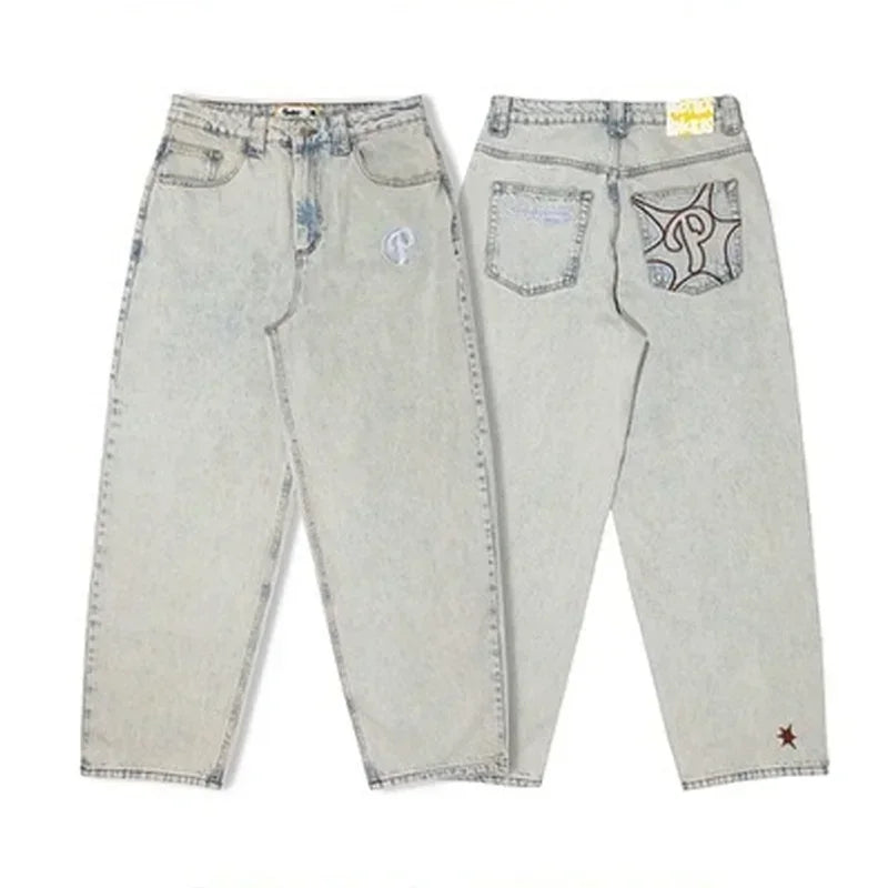 American Retro Double Stitching Washed Baggy Jeans Men's Y2K New Harajuku Hip-Hop Gothic Casual Joker Wide Trousers Street Wear