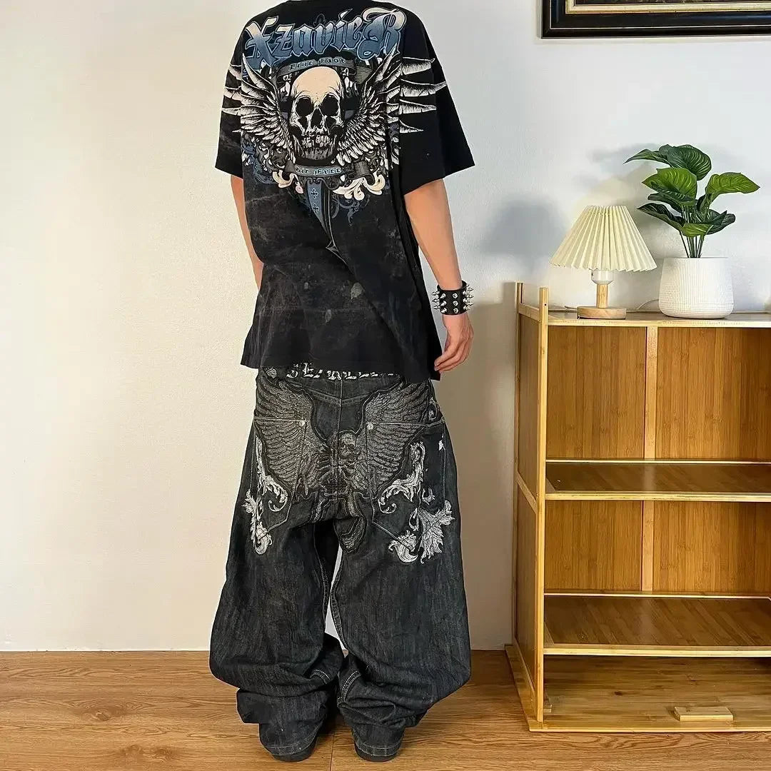 American Retro Double Stitching Washed Baggy Jeans Men's Y2K New Harajuku Hip-Hop Gothic Casual Joker Wide Trousers Street Wear