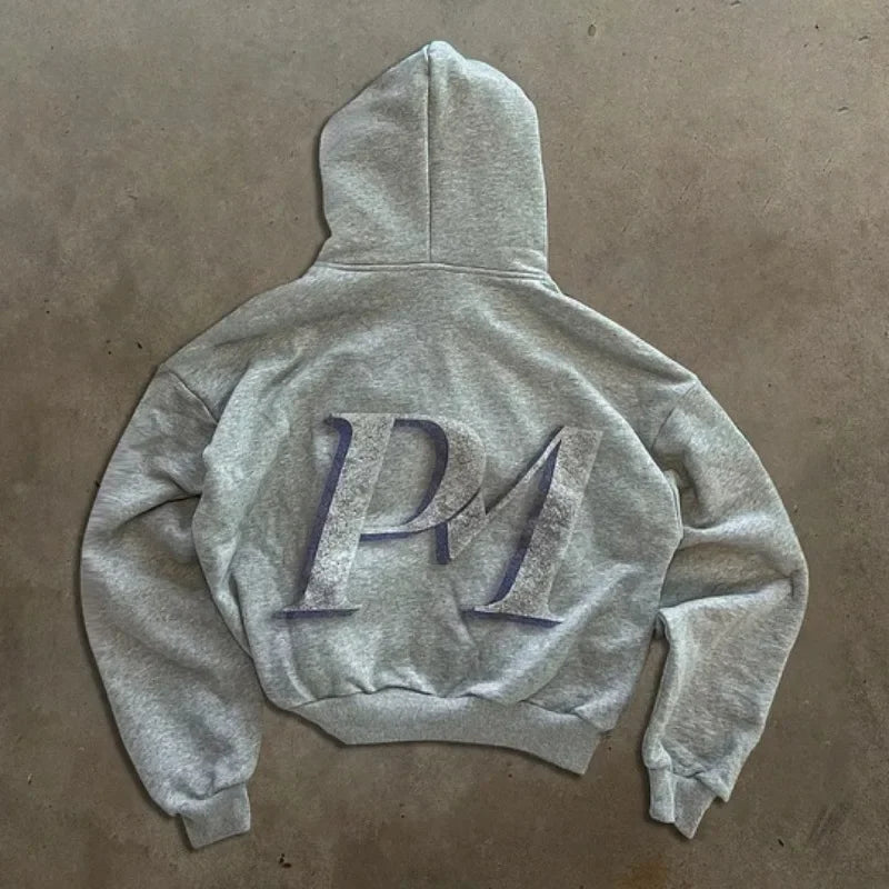 Y2k Fashion Hoodies New Harajuku Hip Hop PM Printing Long Sleeve Coats Loose zipper Hooded Retro Sweatshirt Men Women Streetwear