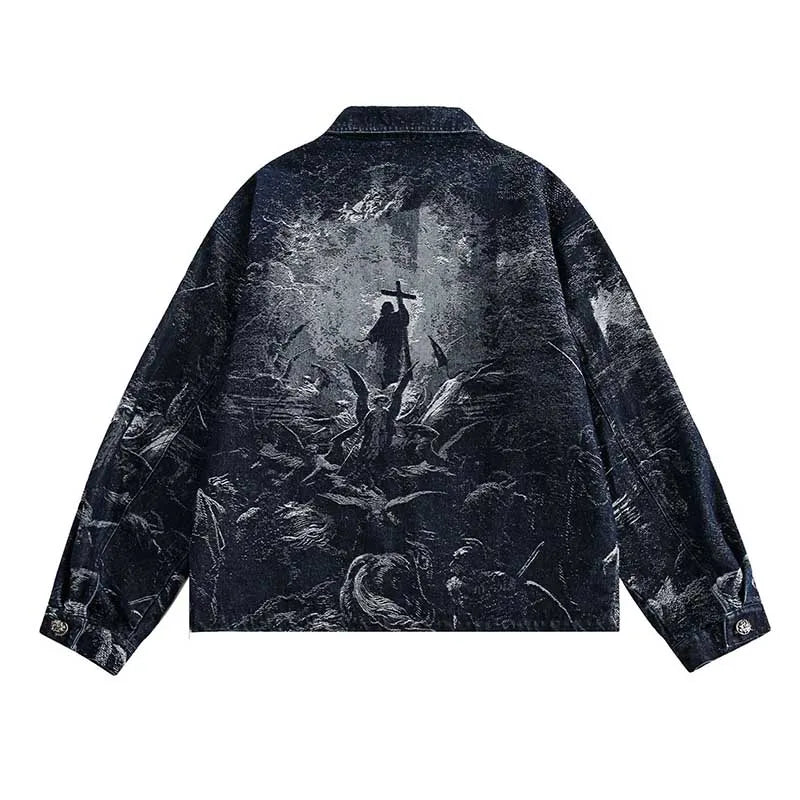 Hip Hop Printed Casual Denim Jackets Streetwear Oversized Spring Autumn Outwear Coats For Male Blue
