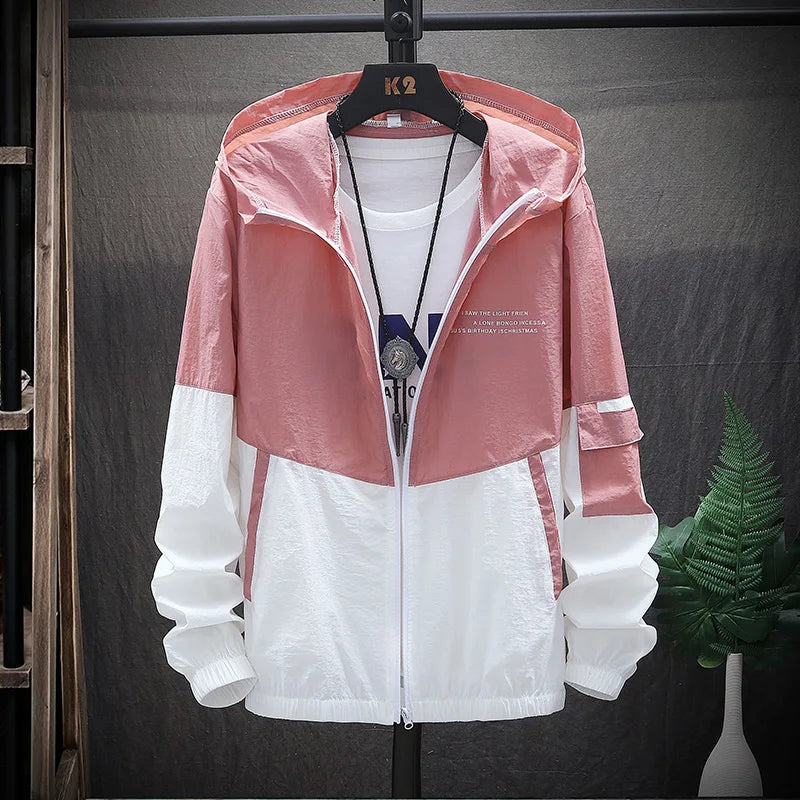 Summer Men's Sun Protection Shirt Thin Quick Drying Hood Windproof Jacket Breathable Letter Print Casual and Versatile Cardigan