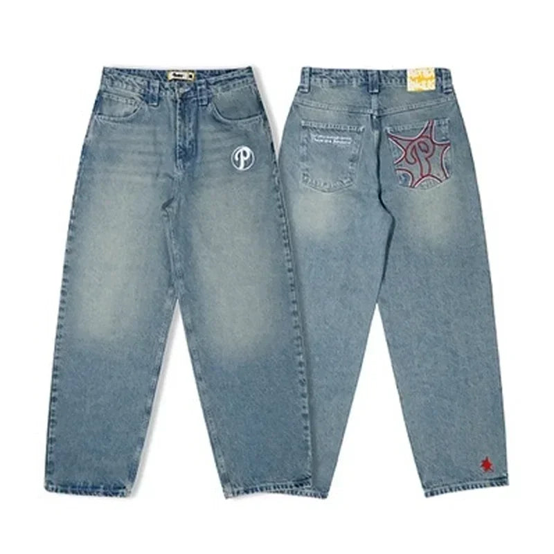 American Retro Double Stitching Washed Baggy Jeans Men's Y2K New Harajuku Hip-Hop Gothic Casual Joker Wide Trousers Street Wear