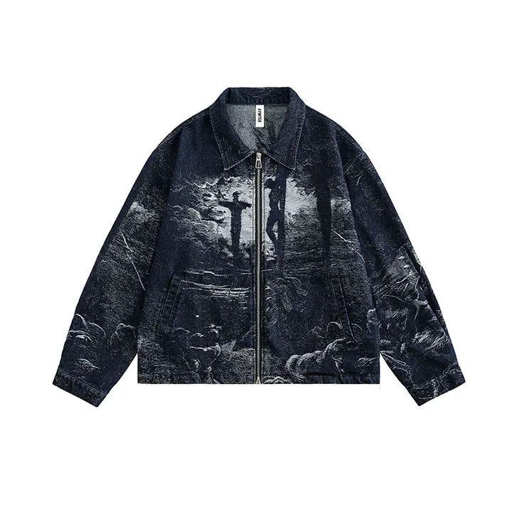 Hip Hop Printed Casual Denim Jackets Streetwear Oversized Spring Autumn Outwear Coats For Male Blue