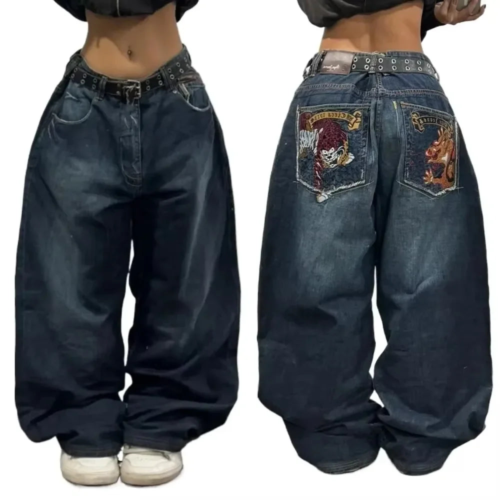 American Retro Double Stitching Washed Baggy Jeans Men's Y2K New Harajuku Hip-Hop Gothic Casual Joker Wide Trousers Street Wear