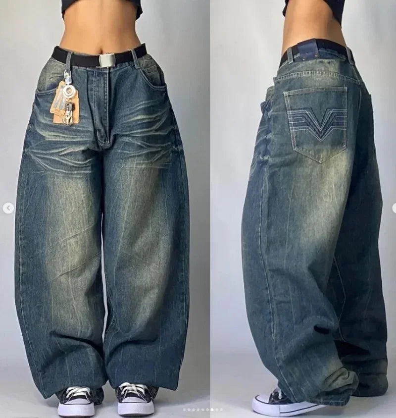 American Retro Double Stitching Washed Baggy Jeans Men's Y2K New Harajuku Hip-Hop Gothic Casual Joker Wide Trousers Street Wear