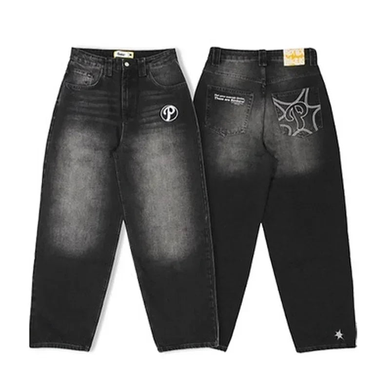 American Retro Double Stitching Washed Baggy Jeans Men's Y2K New Harajuku Hip-Hop Gothic Casual Joker Wide Trousers Street Wear
