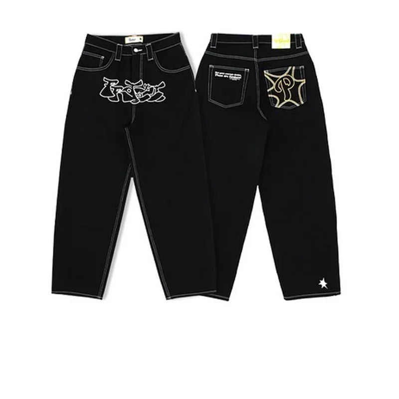 American Retro Double Stitching Washed Baggy Jeans Men's Y2K New Harajuku Hip-Hop Gothic Casual Joker Wide Trousers Street Wear