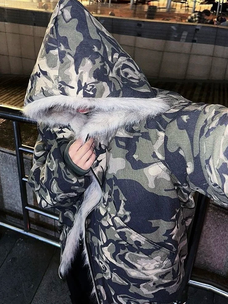 American Vintage Camouflage Plush Hat Jacket Y2K High Street Hip hop Harajuku Loose Women Make Old Hoodies Fashion Streetwear