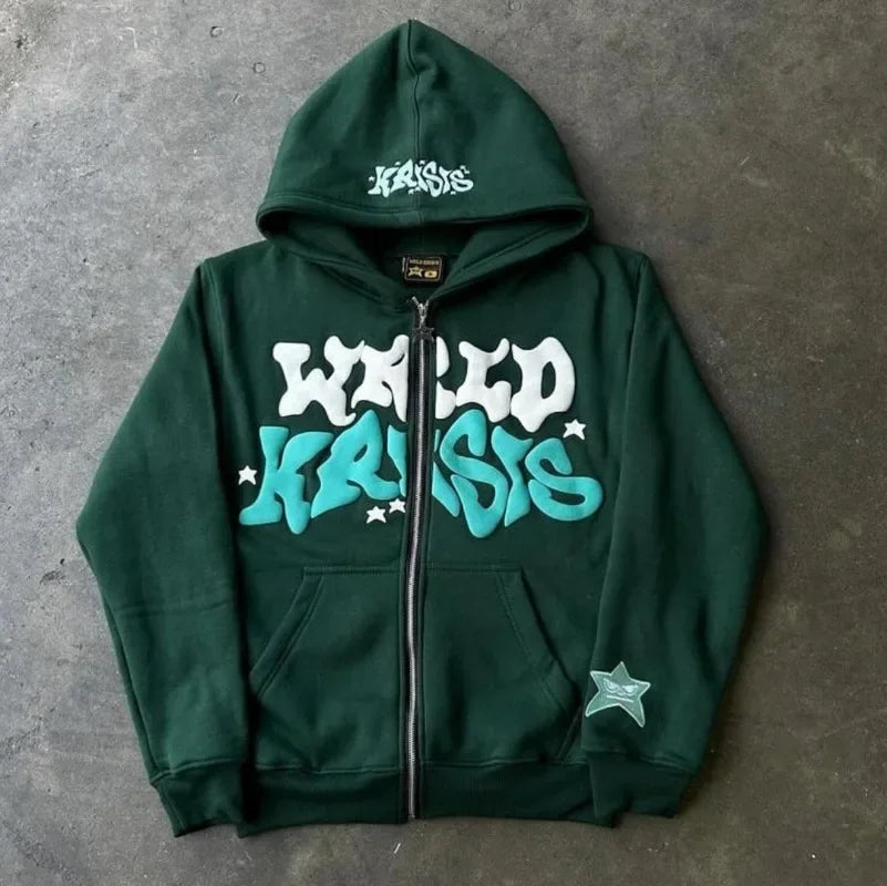 Y2k Street Retro Letter Print Loose Casual Fashion Zipper Hoodie Women Harajuku Hip-hop Versatile Oversized Sweatshirt Men