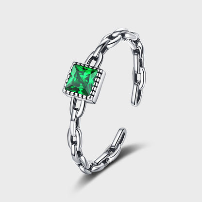 S925 Sterling Silver Emerald Zircon Chain Ring