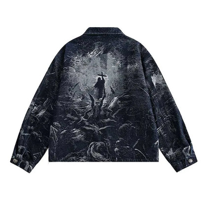Hip Hop Printed Casual Denim Jackets Streetwear Oversized Spring Autumn Outwear Coats For Male Blue