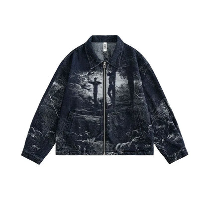 Hip Hop Printed Casual Denim Jackets Streetwear Oversized Spring Autumn Outwear Coats For Male Blue