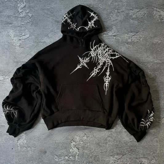 Y2K Harajuku Retro Personalized Print Fashion Versatile Oversized Hoodie Men American Street Hip-hop Casual Loose Top Women