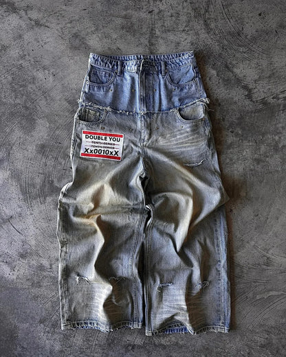 American Retro Double Stitching Washed Baggy Jeans Men's Y2K New Harajuku Hip-Hop Gothic Casual Joker Wide Trousers Street Wear
