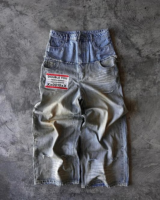 American Retro Double Stitching Washed Baggy Jeans Men's Y2K New Harajuku Hip-Hop Gothic Casual Joker Wide Trousers Street Wear