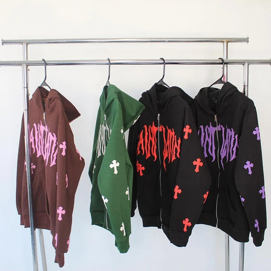 Y2k Men Saint Streetwear Hoodie Zip Up